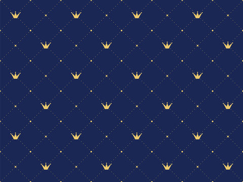Navy blue seamless pattern in retro style with a gold crown. Can be use for premium royal designs. 