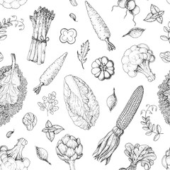Vegetables seamless pattern. Farmers market menu design template. Organic vegetables food packaging pattern. Vintage hand drawn sketch vector illustration. Line art graphic. Engraved style.