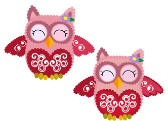 Two Cute pink smiling owl with a lilac flower on the ear and an ornament on the heart and wings