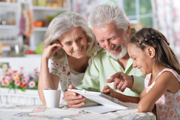 grandparents with granddaughter using laptop
