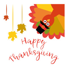 Happy Thanksgiving. Greeting card with funny cartoon turkey Vector illustration