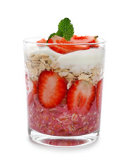 Tasty strawberry dessert in glass, isolated on white