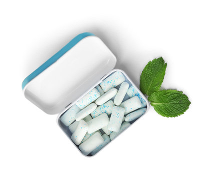 Open Box With Mint Chewing Gum On White Background