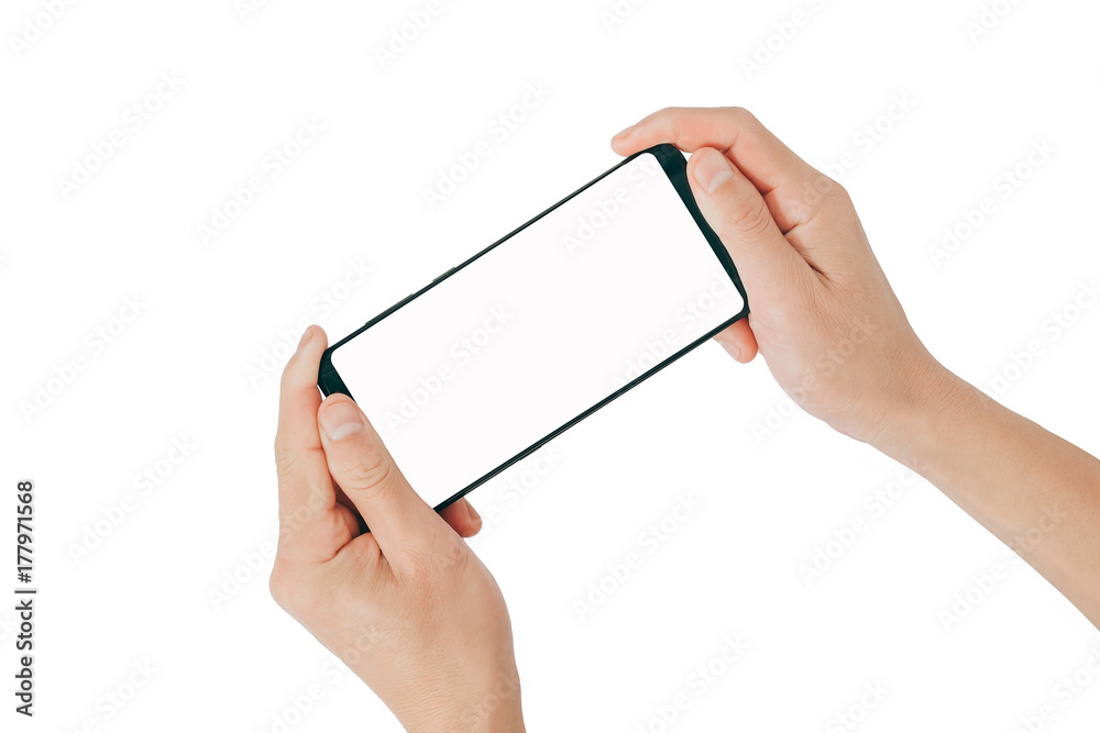 Poster Smartphone Mock up,Hand holding mobile phone and using touching screen isolated on white background with clipping path for design