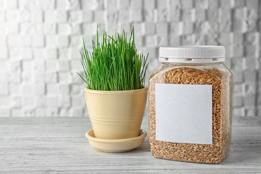 Jar with seeds and wheat grass in pot on table