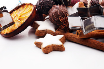 Baking christmas cookies. chocolate, cinnamon stars and spices