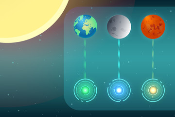 Abstract  technology  displayed planet earth, moon and mars.  Vector illustration. Trendy geometric elements. Design.