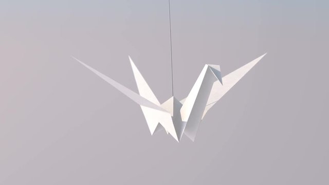 An artistic 3d rendering of a bangling white paper crane in the grey background. It is fixed to a cord and swings hither and thither. It has a long neck and looks affectionate and lonely.
