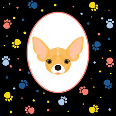 New year of the dog card template. Cute chihuahua dog portrait and abstract hand drawn pattern background