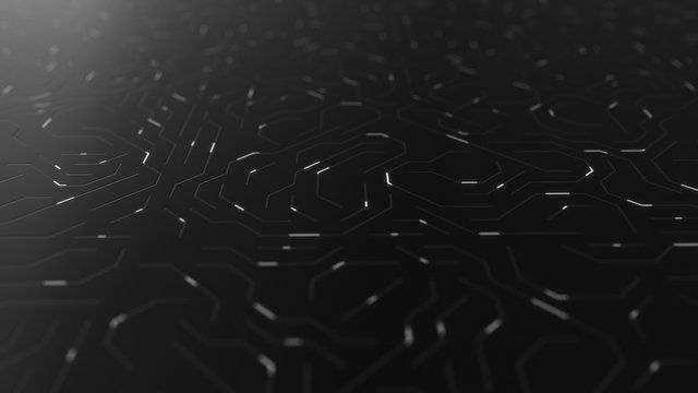 Abstract circuit board futuristic background. Server computer code processing technology with bokeh. 3D Illustration/rendering circuit board.