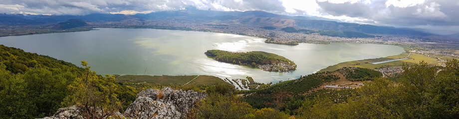 Beautiful panoramic view of Ioannina lake from Ligkiades mountain village