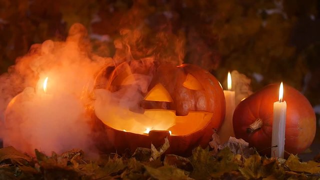 Halloween pumpkin in the smoke
