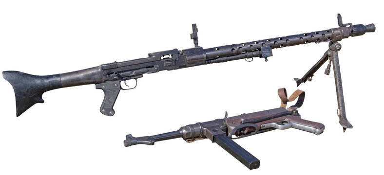 German Mp40 submachine gun and Machine Gun isolated on white