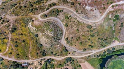 Aerial. Videography of drone, field roads near the dam Odeleite. Portugal