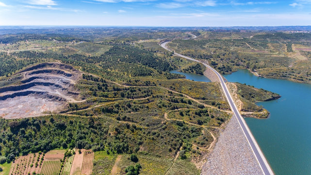 Aerial. Videography of drone, reservoir dam Odeleite. Portugal