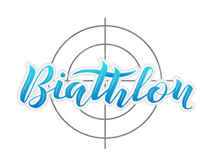 Biathlon blue lettering text on white textured background with black target, vector illustration. Biathlon vector calligraphy. Sport, fitness, activity vector design. Print for logo, T-shirt and hat.