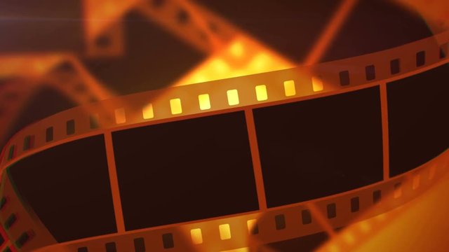 A retro 3d rendering of Movie making film tape of white and black colors. The film tape moves horizontally and slowly in the bright yellow background. It reminds Hollywood masterpieces.