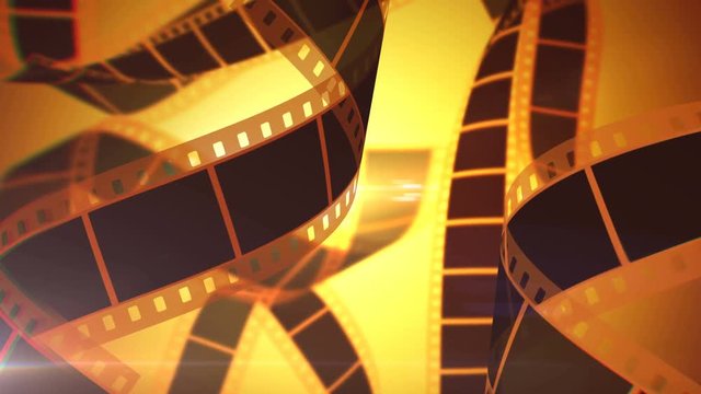 An inspiring 3d rendering of Cinematographic film tape of white and black colors. The film tape moves slowly in the bright yellow background. It looks beautiful and encouraging.