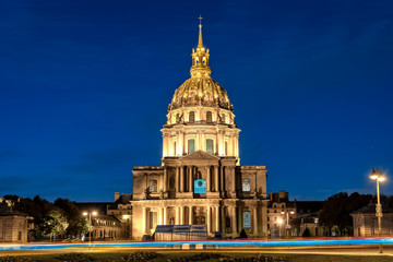 Paris, France - October 20, 2017: Night view to Les Invalides. Copy space in blue sky.
