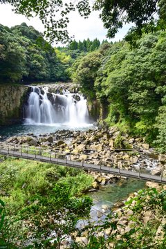 View of a Bridge with Sekino-o Falls in the Background in Miyakonojo, Japan