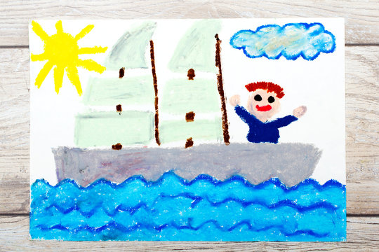 Photo of colorful drawing: Happy boy on a yacht