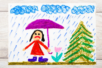 Photo of colorful drawing: Rainy weather and sad little girl holding umbrella.