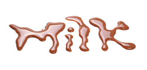 Spilled chocolate milk puddle isolated on white background