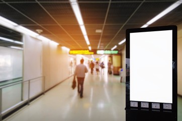 mock up of blank showcase billboard or advertising light box for your text message or media and content with people at the airport background, commercial, marketing and advertising concept