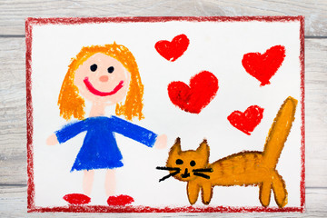 Photo of colorful drawing: Smiling little girl and her cute cat