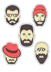 bearded men, hats and glasses, stylish hairstyles, caring for the beard,a set of colorful stickers, vector image, outline style
