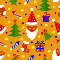 Seamless pattern with christmas elements, fireworks, sock, mask, christmas tree.