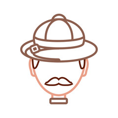 flat line colored man face with safari hat over white background  vector illustration