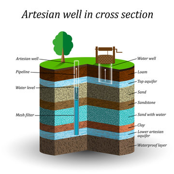 Artesian water well in cross section, schematic education poster. Groundwater, sand, gravel, loam, clay, extraction of moisture from the soil, vector illustration.