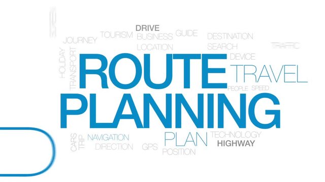 Route planning animated word cloud, text design animation. Kinetic typography.