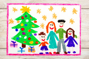 Photo of colorful drawing: Happy family and Christmas tree