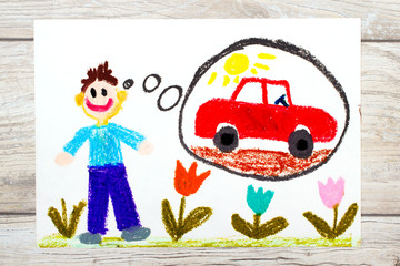 Obraz na płótnie Canvas Photo of colorful drawing: young man dreaming about new red car