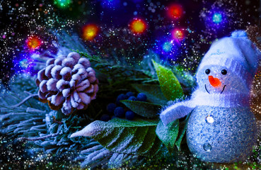 Obraz premium Christmas composition with snowman and fir branches in vintage style, horizontal