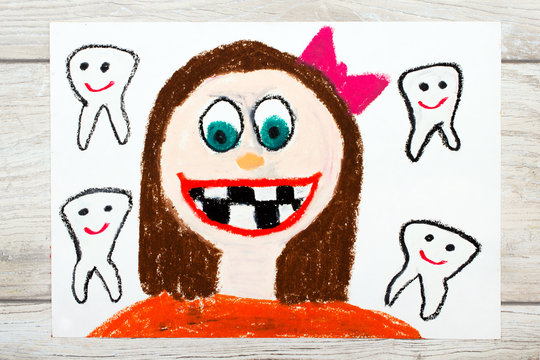 Photo of colorful drawing: Smiling girl without milk teeth.  Losing baby teeth.