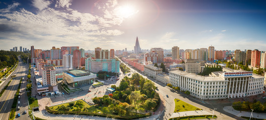 PYONGYANG,NORTH KOREA-OCTOBER 13,2017:Panorama of the city from the top point - obrazy, fototapety, plakaty
