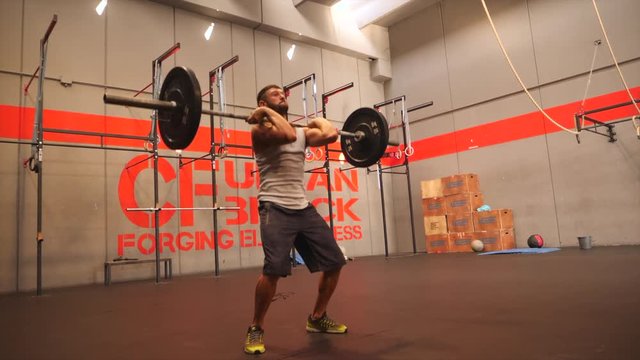 Muscular Man Doing Barbell Snatch Exercise at the Gym in Slow Motion.