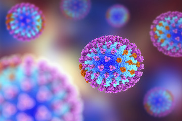 Influenza virus. 3D illustration showing surface glycoprotein spikes hemagglutinin purple and neuraminidase orange 