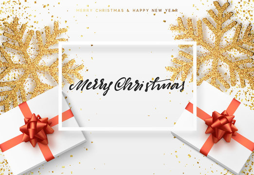 Christmas background with gifts box and shining golden snowflakes.