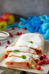 Homemade apple strudel with fresh apples, cranberry and sugar powder on slate or stone background. Copy space.