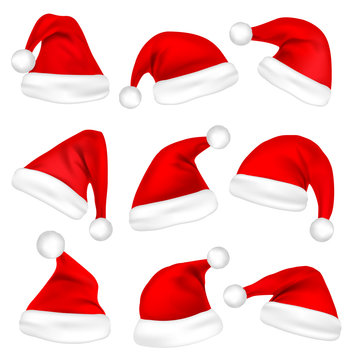 Christmas Santa Claus Hats Set. New Year Red Hat Isolated on White Background. Vector illustration.