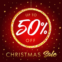 Christmas Sale up to 50 off star banner. Christmas sale design template with text up to -50% off in shine ball and golden stars on red background. Vector illustration