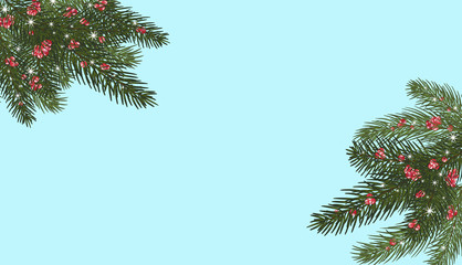  Christmas trees, isolated. Branches of Christmas trees and red berries, snowflakes.