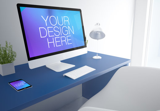 3D Rendering of Office with Desktop Computer and Smartphone Mockup