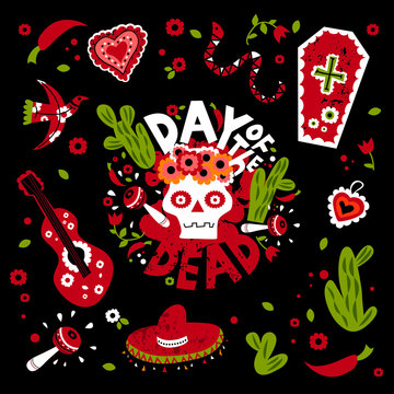 Vector illustration and lettering set of Day of the dead for poster, card or invitation