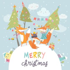 Funny foxes friends celebrating Christmas