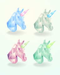 Set of the head of a unicorn. low poly vector design. Polygonal bright 3d design of a cute unicorn. Vector illustration.